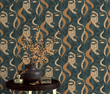 Art Deco Wallpaper Face Wallpaper Teal Gold Wallpaper Abstract Wallpaper Modern Wallpaper Statement Wallpaper Luxury Wallpaper Textured