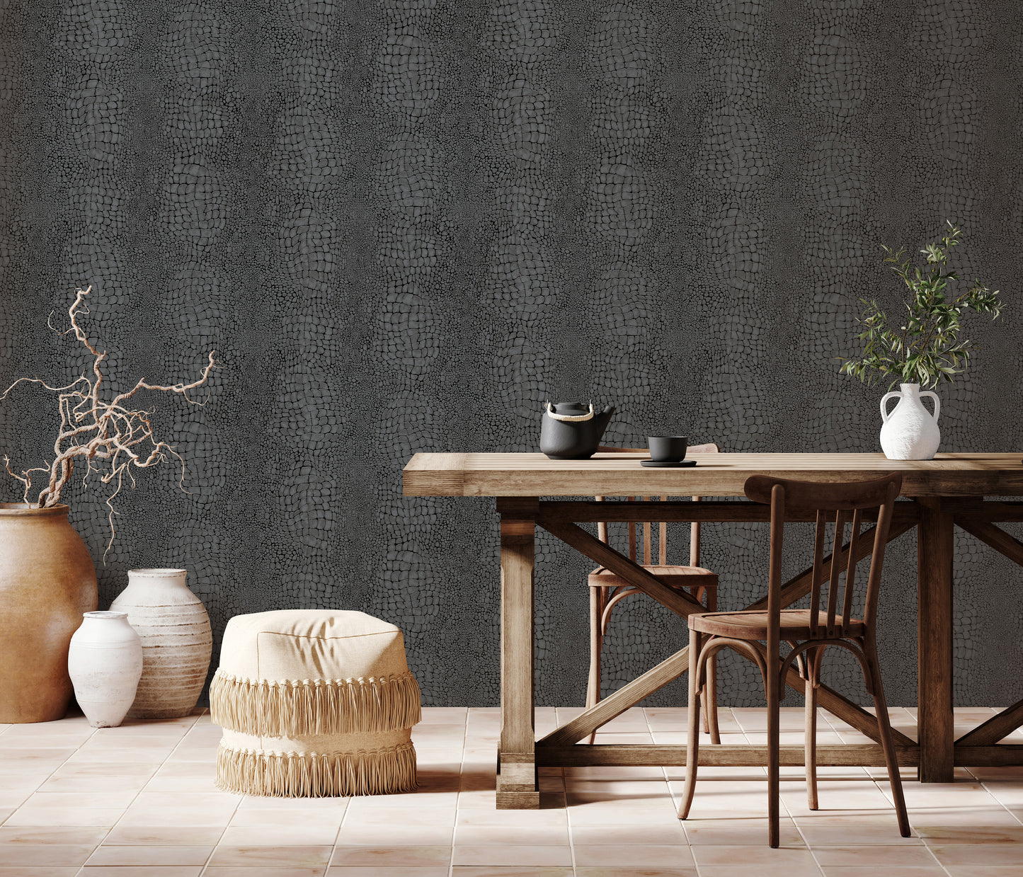 Black Pebble Stone Wallpaper | Modern Dark Texture Wallpaper | Embossed Vinyl Wallpaper | Bold Neutral Wall Decor | Cameo Collection