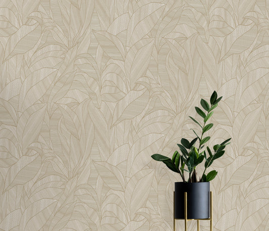 Beige Palm Leaf Wallpaper Textured Botanical Wallpaper Neutral Tropical Luxury Vinyl Wallpaper