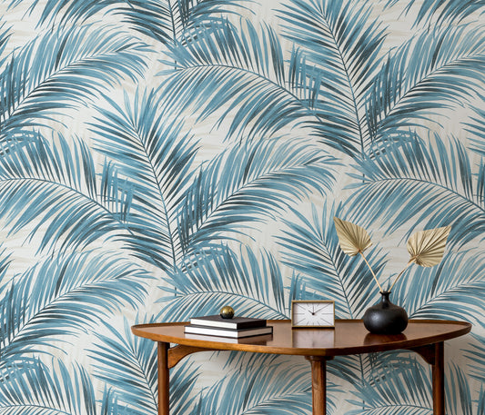 Blue Palm Leaf Wallpaper | Tropical Botanical Wallpaper | Coastal Modern Vinyl Wallpaper | Blue Leaf Wall Decor | Cameo Collection