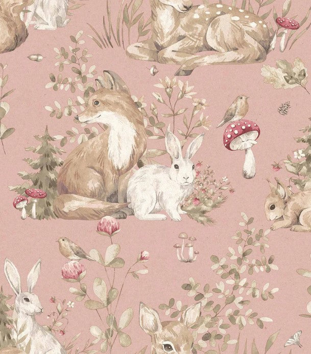 Whimsical Nursery Woodland Kids Pink Wallpaper