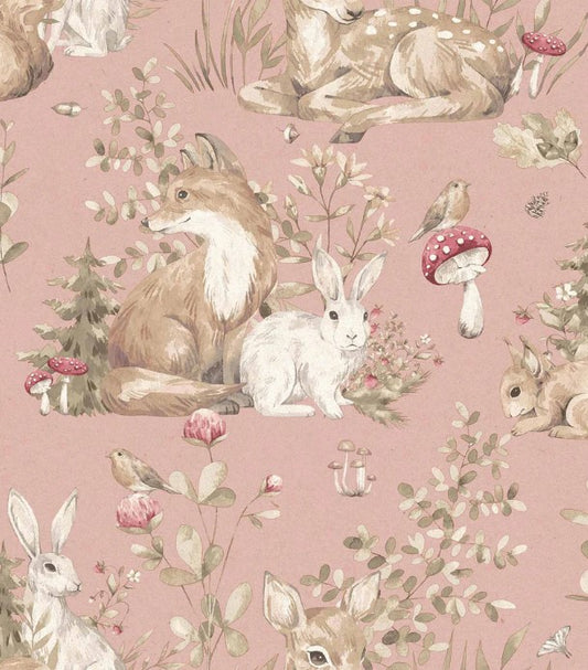 Whimsical Nursery Woodland Kids Pink Wallpaper