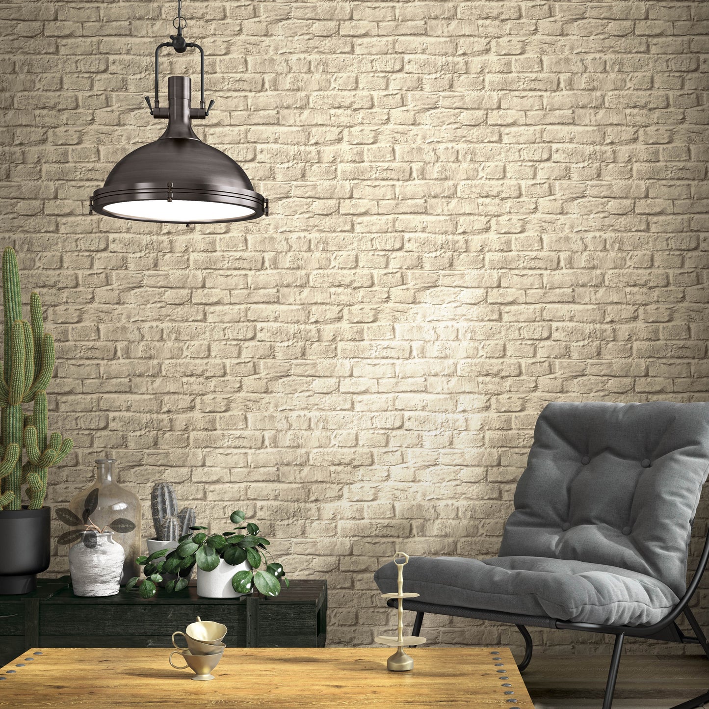Dark Beige Brick Effect Vinyl Wallpaper