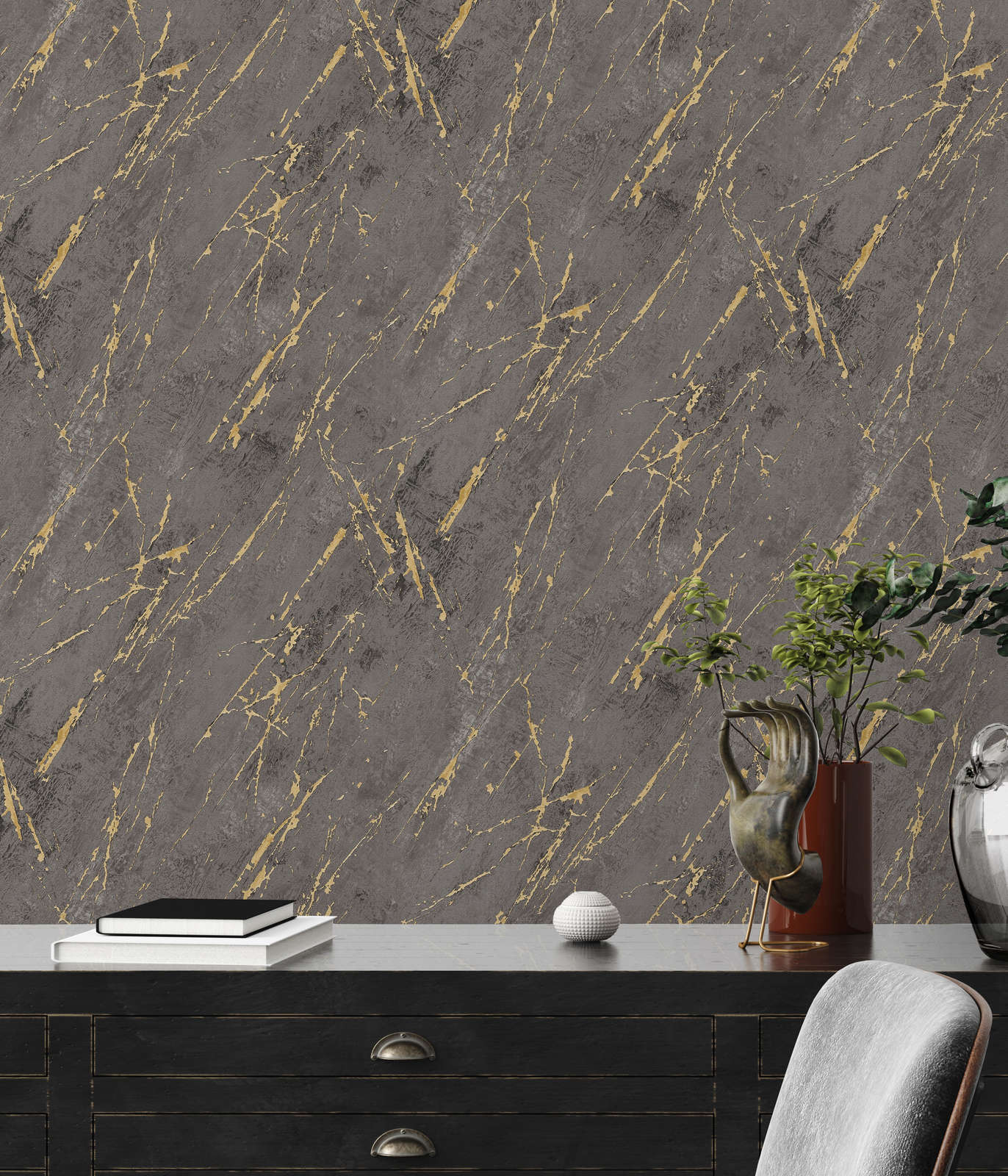 Dark Grey and Gold Marble Effect Wallpaper