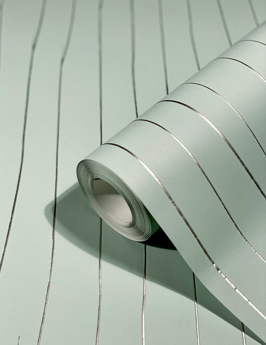 Modern Mint Green Wallpaper with Metallic Silver Stripes