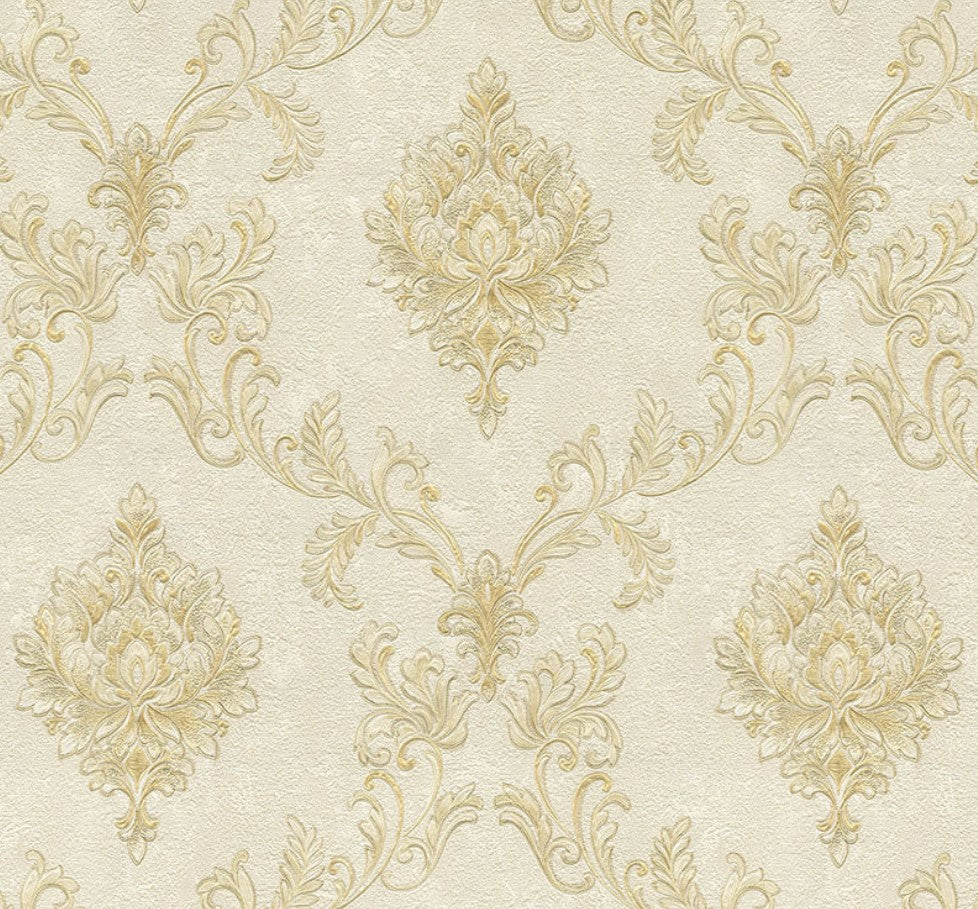 Beige Gold Damask Textured Vinyl Wallpaper for Classic Elegant Interiors