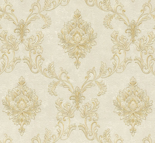 Beige Gold Damask Textured Vinyl Wallpaper for Classic Elegant Interiors
