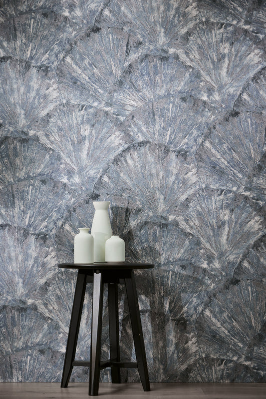 Blue Grey Abstract Fan Pattern Wallpaper with Metallic Accents