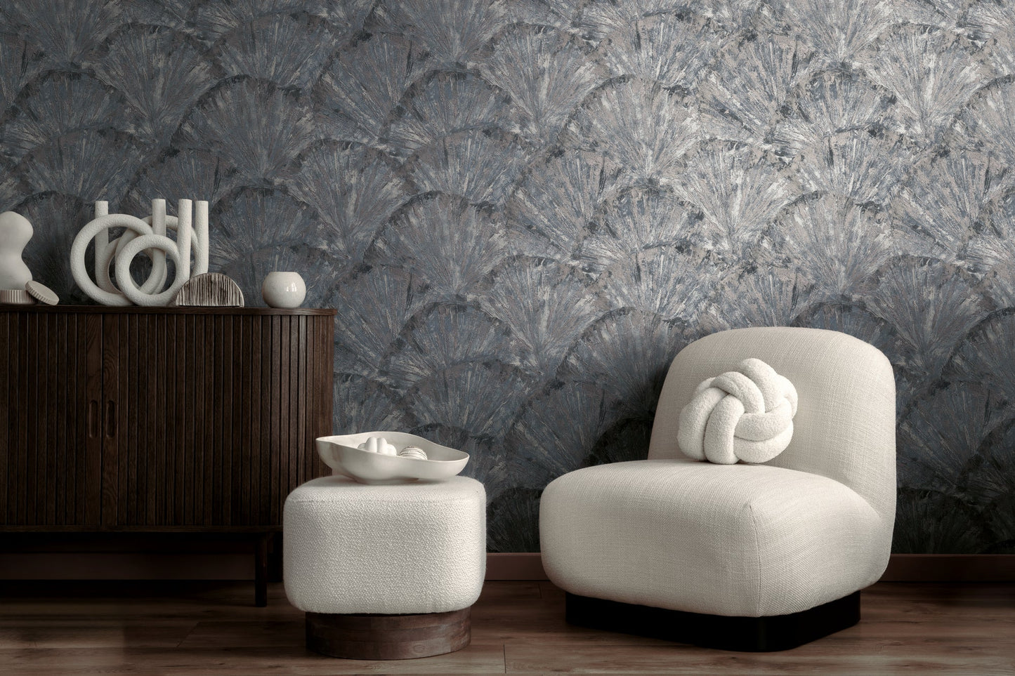 Blue Grey Abstract Fan Pattern Wallpaper with Metallic Accents