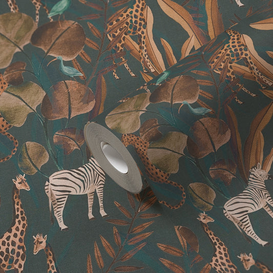 Tropical Jungle Safari Wallpaper with Zebras, Giraffes and Leopards