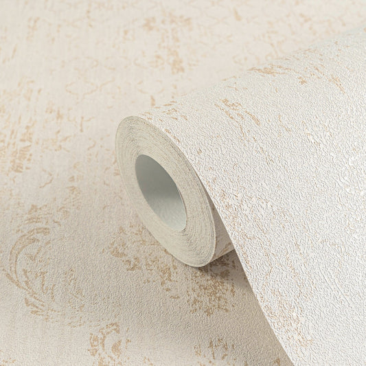 Beige and Gold Textured Damask Wallpaper