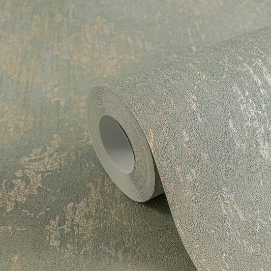Green Damask Wallpaper with Metallic Gold Accents