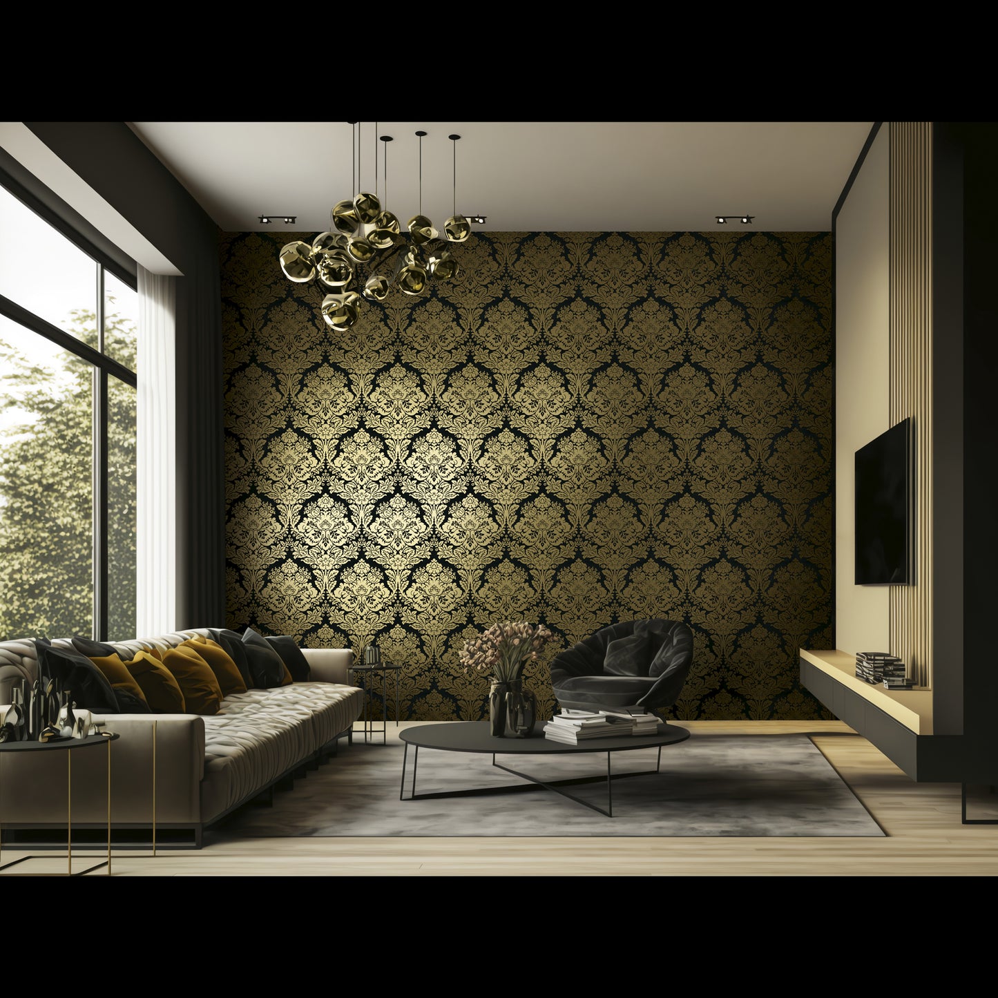 Luxury Classic Damask Wallpaper Black Gold Elegant Baroque Wallcovering