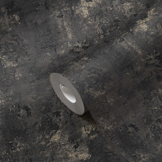 Black & Gold Textured Vinyl Wallpaper – Concrete Effect