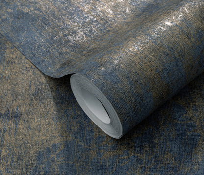 Modern Blue Gold Textured Wallpaper Metallic Vinyl Wallpaper Abstract Plaster Effect Luxury Wall Covering Dark Moody Decor