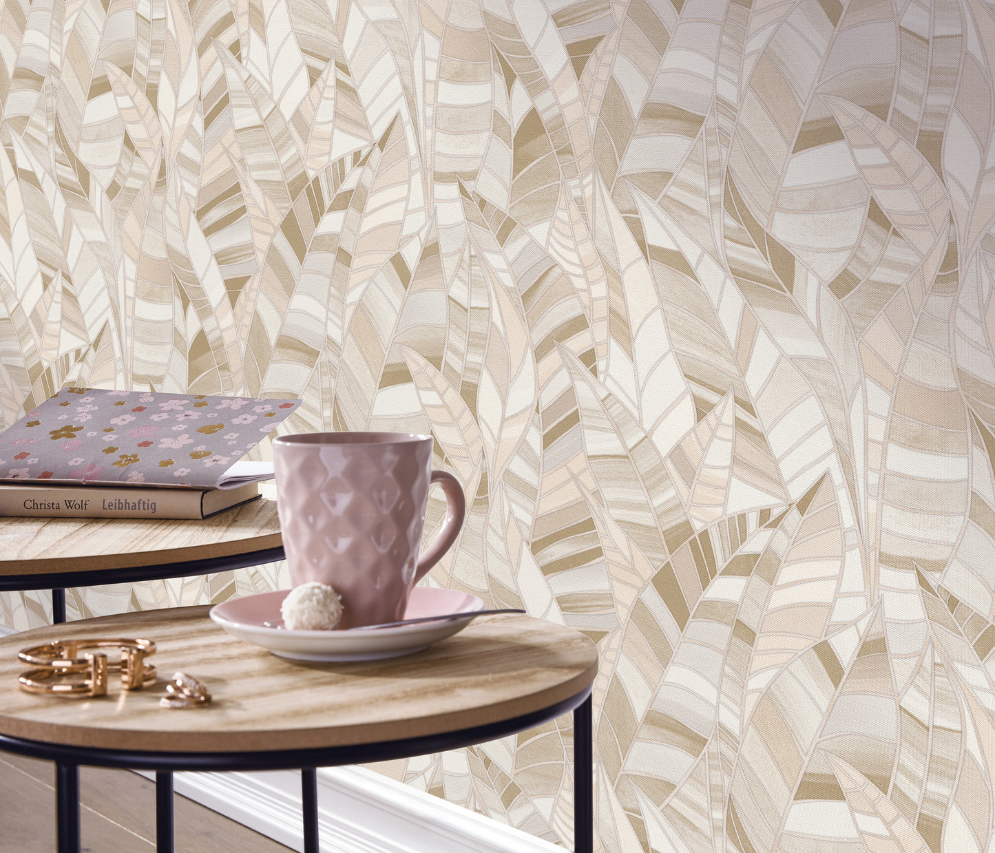 Beige Leaf Wallpaper Neutral Wallpaper Botanical Wallpaper Modern Wallpaper Textured Wallpaper Vinyl Wallpaper Nature Wallpaper Living Room