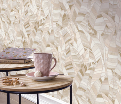 Beige Leaf Wallpaper Neutral Wallpaper Botanical Wallpaper Modern Wallpaper Textured Wallpaper Vinyl Wallpaper Nature Wallpaper Living Room