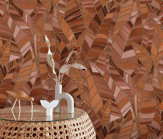 Terracotta Leaf Wallpaper Warm Neutral Wallpaper Botanical Wallpaper Modern Wallpaper Textured Wallpaper Vinyl Wallpaper Boho Wallpaper