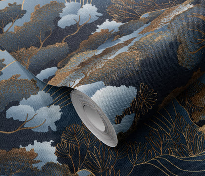 Navy Blue Wallpaper Gold Wallpaper Chinoiserie Wallpaper Forest Wallpaper Tree Wallpaper Dark Wallpaper Oriental Wallpaper Luxury Wallpaper