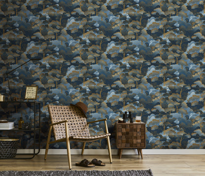 Navy Blue Wallpaper Gold Wallpaper Chinoiserie Wallpaper Forest Wallpaper Tree Wallpaper Dark Wallpaper Oriental Wallpaper Luxury Wallpaper