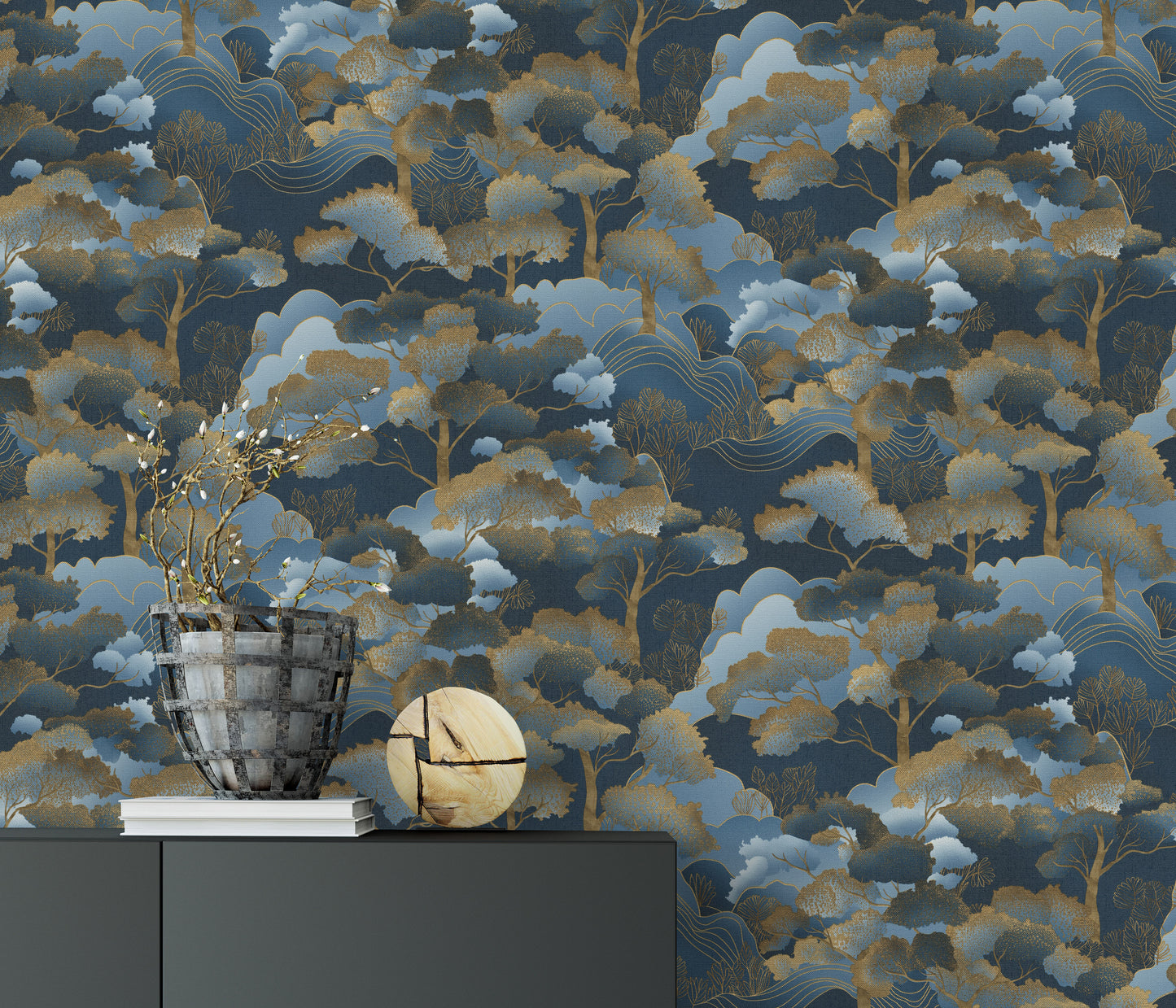 Navy Blue Wallpaper Gold Wallpaper Chinoiserie Wallpaper Forest Wallpaper Tree Wallpaper Dark Wallpaper Oriental Wallpaper Luxury Wallpaper