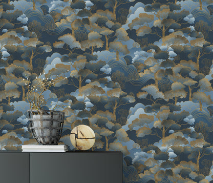 Navy Blue Wallpaper Gold Wallpaper Chinoiserie Wallpaper Forest Wallpaper Tree Wallpaper Dark Wallpaper Oriental Wallpaper Luxury Wallpaper