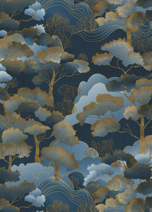 Navy Blue Wallpaper Gold Wallpaper Chinoiserie Wallpaper Forest Wallpaper Tree Wallpaper Dark Wallpaper Oriental Wallpaper Luxury Wallpaper