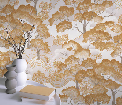 Gold Wallpaper Neutral Wallpaper Chinoiserie Wallpaper Tree Wallpaper Forest Wallpaper Beige Wallpaper Luxury Wallpaper Textured Wallpaper