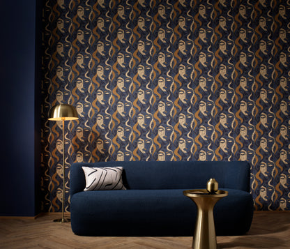 Art Deco Wallpaper Face Wallpaper Navy Gold Wallpaper Abstract Wallpaper Modern Wallpaper Statement Wallpaper Luxury Wallpaper Geometric