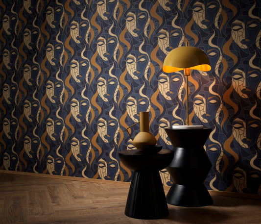 Art Deco Wallpaper Face Wallpaper Navy Gold Wallpaper Abstract Wallpaper Modern Wallpaper Statement Wallpaper Luxury Wallpaper Geometric