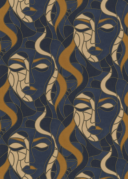 Art Deco Wallpaper Face Wallpaper Navy Gold Wallpaper Abstract Wallpaper Modern Wallpaper Statement Wallpaper Luxury Wallpaper Geometric