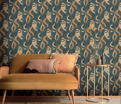 Art Deco Wallpaper Face Wallpaper Teal Gold Wallpaper Abstract Wallpaper Modern Wallpaper Statement Wallpaper Luxury Wallpaper Textured