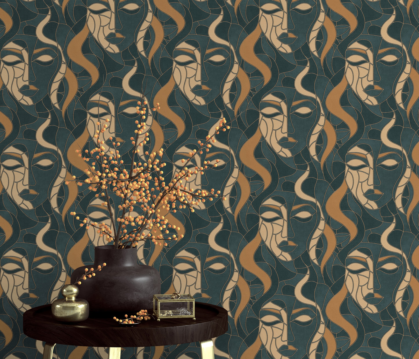 Art Deco Wallpaper Face Wallpaper Teal Gold Wallpaper Abstract Wallpaper Modern Wallpaper Statement Wallpaper Luxury Wallpaper Textured