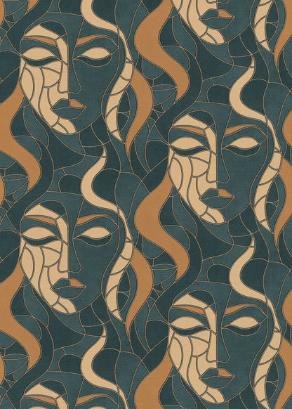 Art Deco Wallpaper Face Wallpaper Teal Gold Wallpaper Abstract Wallpaper Modern Wallpaper Statement Wallpaper Luxury Wallpaper Textured