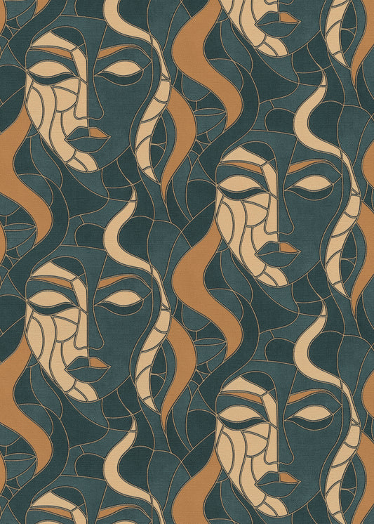 Art Deco Wallpaper Face Wallpaper Teal Gold Wallpaper Abstract Wallpaper Modern Wallpaper Statement Wallpaper Luxury Wallpaper Textured