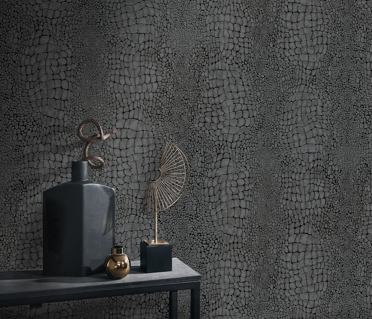 Black Pebble Stone Wallpaper | Modern Dark Texture Wallpaper | Embossed Vinyl Wallpaper | Bold Neutral Wall Decor | Cameo Collection