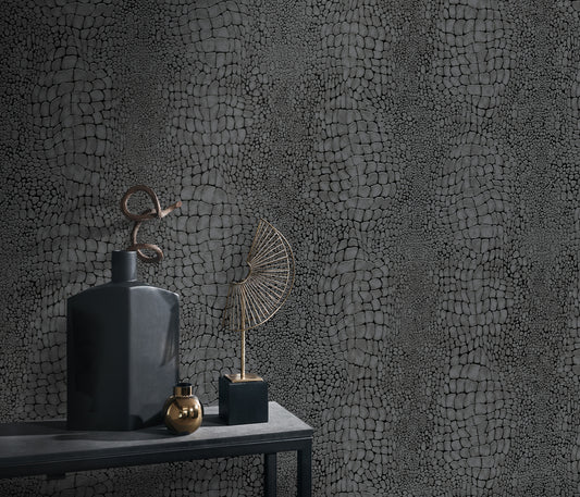 Black Pebble Stone Wallpaper | Modern Dark Texture Wallpaper | Embossed Vinyl Wallpaper | Bold Neutral Wall Decor | Cameo Collection