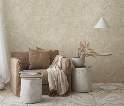 Beige Palm Leaf Wallpaper Textured Botanical Wallpaper Neutral Tropical Luxury Vinyl Wallpaper