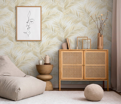 Beige Palm Leaf Wallpaper | Neutral Tropical Botanical Wallpaper | Modern Vinyl Wallpaper Non-Woven | Minimalist Nature Wall Decor