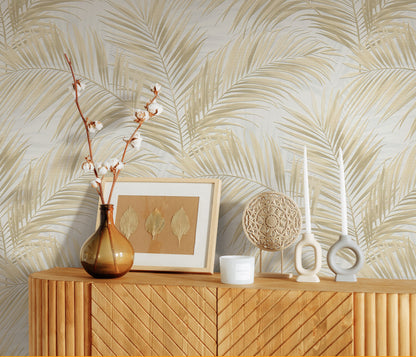 Beige Palm Leaf Wallpaper | Neutral Tropical Botanical Wallpaper | Modern Vinyl Wallpaper Non-Woven | Minimalist Nature Wall Decor