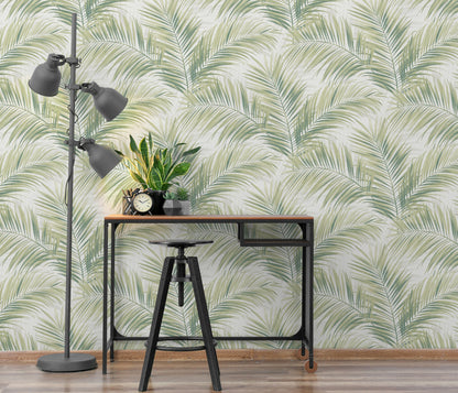 Green Palm Leaf Wallpaper | Tropical Botanical Wallpaper | Modern Vinyl Wallpaper Non-Woven | Neutral Nature Wall Decor | Cameo Collection