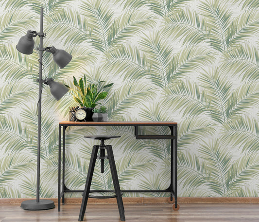 Green Palm Leaf Wallpaper | Tropical Botanical Wallpaper | Modern Vinyl Wallpaper Non-Woven | Neutral Nature Wall Decor | Cameo Collection
