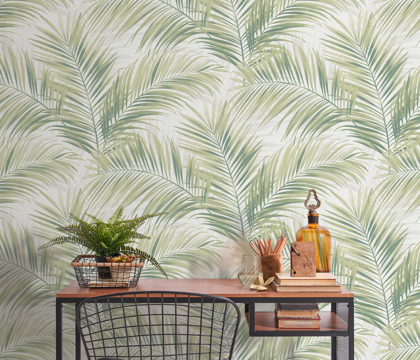 Green Palm Leaf Wallpaper | Tropical Botanical Wallpaper | Modern Vinyl Wallpaper Non-Woven | Neutral Nature Wall Decor | Cameo Collection