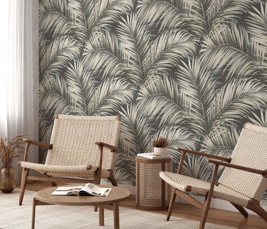 Grey Palm Leaf Wallpaper | Tropical Botanical Wallpaper | Modern Neutral Vinyl Wallpaper | Coastal Leaf Wall Decor | Cameo Collection