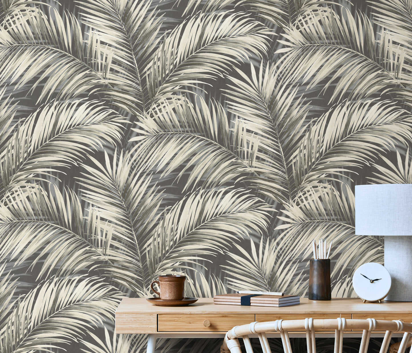 Grey Palm Leaf Wallpaper | Tropical Botanical Wallpaper | Modern Neutral Vinyl Wallpaper | Coastal Leaf Wall Decor | Cameo Collection