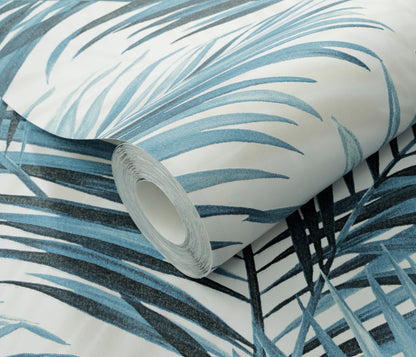 Blue Palm Leaf Wallpaper | Tropical Botanical Wallpaper | Coastal Modern Vinyl Wallpaper | Blue Leaf Wall Decor | Cameo Collection