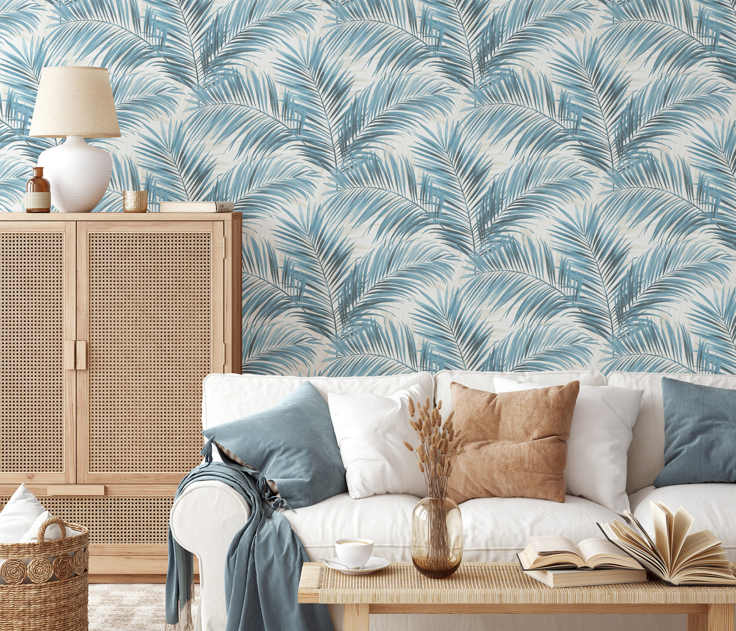 Blue Palm Leaf Wallpaper | Tropical Botanical Wallpaper | Coastal Modern Vinyl Wallpaper | Blue Leaf Wall Decor | Cameo Collection