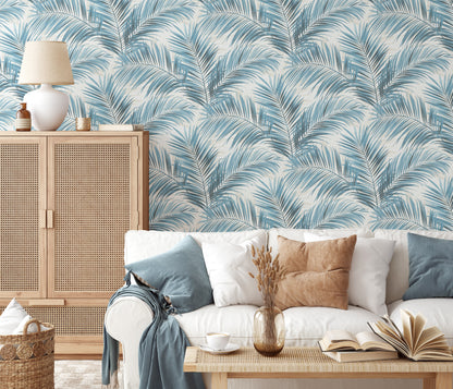 Blue Palm Leaf Wallpaper | Tropical Botanical Wallpaper | Coastal Modern Vinyl Wallpaper | Blue Leaf Wall Decor | Cameo Collection