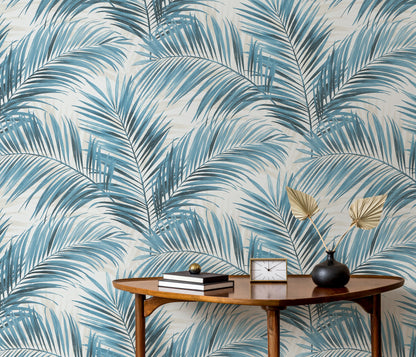Blue Palm Leaf Wallpaper | Tropical Botanical Wallpaper | Coastal Modern Vinyl Wallpaper | Blue Leaf Wall Decor | Cameo Collection