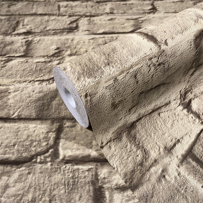 Dark Beige Brick Effect Vinyl Wallpaper